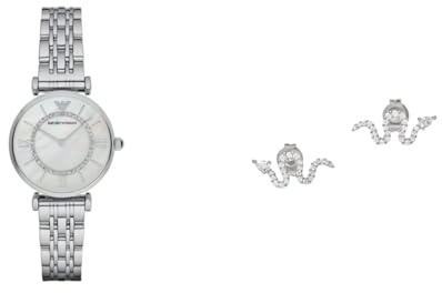 Emporio Armani Damen Silberfarbene Edelstahl Uhr und Ohrringe, Set
