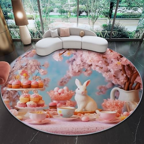 Runder Teppich Wohnzimmer 120 cm Ostern Hase Dessert Rosa - Waschbar, Kurzflor, Für Esszimmer Schlafzimmer Wohnbereich Tischunterlage Essbereich Heimbüro Dekor