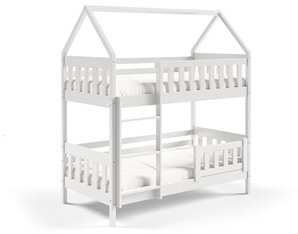 Masseno Etagenbett Elena 80x190 Weiß, Hochbett mit Treppe, Jugendbett mit Rausfallschutz & Lattenrost, Kinderbett