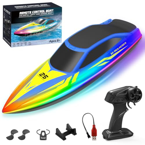 WUQNGI Bateau Télécommandé Enfant et Adulte, RC Bateau 2,4 GHz avec Lumières LED, 2 Piles Rechargeables Bateau Radiocommandé Électrique, Jouet Aquatique pour Piscines et Lacs, Cadeau Garçon Fille