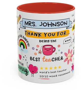 Personalised Teacher Mug, Thank You Teacher Gift, Custom Name Mug for Teachers, Nursery Teacher Cup, End of Term Classroom Gift, Cute Best Teacher Mug (Red 11oz, Mug)
