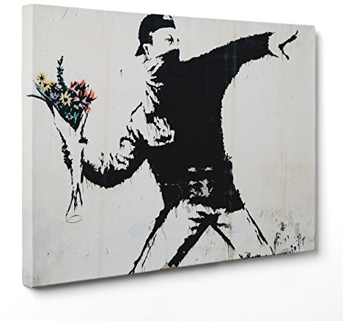 Quadro su Tela Canvas - INTELAIATO - Pronto da Appendere - Banksy - Arte Street Art - Lanciatore di Fiori - 50x70cm - Senza Cornice - (cod.1644)