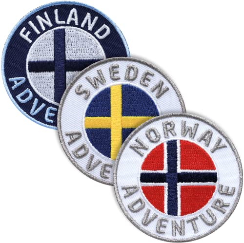 3er-Set Skandinavien Abzeichen gestickt 60 mm/Schweden Finnland Norwegen/Abenteuer Trekking Wandern Flagge Wappen Kreuz/Aufnäher Aufbügler Sticker Patch/Reiseführer Wanderführer Buch Karte