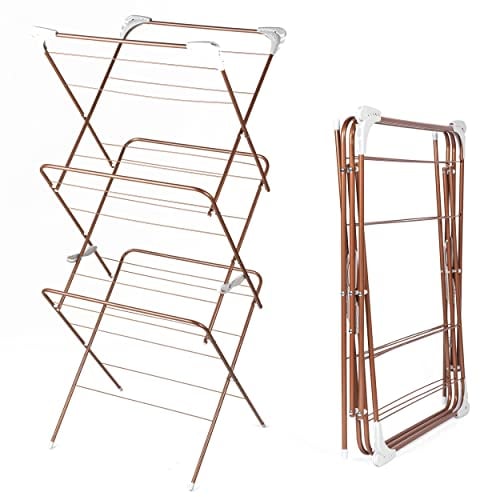 Beldray LA072498ROSEFEU7 3-Tier Clothes Airer – Large Foldable Clothes Maiden, Standing Laundry Dryer Rail Rack, Folding Indoor Clothes Horse, 15M Drying Space, Fold-Out Hooks, 7kg Capacity, Rose Gold