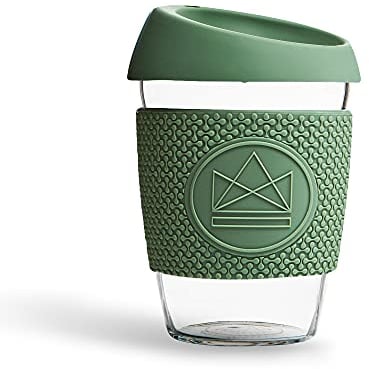 Neon Kactus Glass Coffee Cup | Reusable Glass Cup with Lid for Home or On the Go | Portable Coffee Cup | For Hot & Cold Drinks | Durable, Non-Permeable, Non-Slip, Splash-Proof | Happy Camper, 12oz