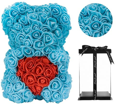 NUWYK Rosenblumenbär - Über 250 Blumen auf jedem Rosenbären - Rosenbär Geschenk für Muttertag, Valentinstag, Jubiläum und Brautduschen - Rose Flower Bär Klare Geschenkbox inklusive 10 Zoll(Blue)