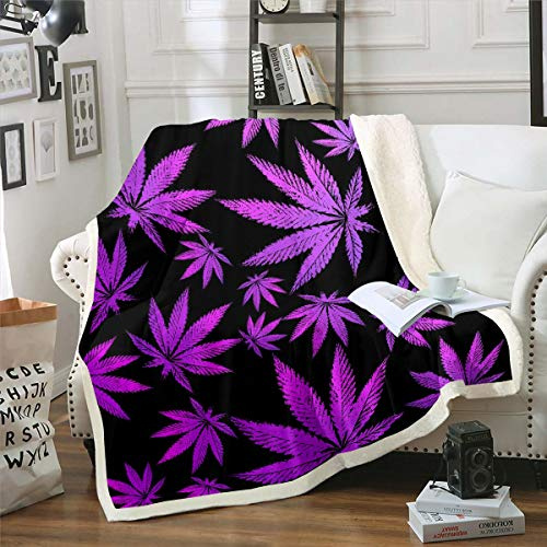 Marijuana Leaf Sherpa Blanket Weed Leaf Botanical Fleece Throw Blanket for Kids Men Women Adults Cannabis Leaves Plush Blanket Luxury Puple Hemp Fuzzy Blanket for Sofa Bed Couch Baby 30x40