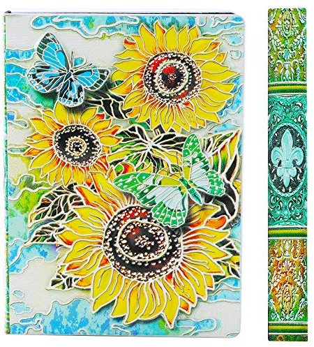 YHH Notizbuch A5 Liniert Hardcover, Schönes Leder Tagebuch Liniert Buch Reisetagebuch Lined Journal Notebook, Handgemachtes, 200 Seiten, GeburtstagGeschenk für Erwachsene Kinder, 3D Sonnenblume Bunt