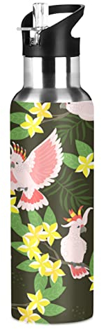 Vnurnrn Oiseau Perroquet Animal Mignon De La Jungle Bouteille d'eau Isotherme avec Paille en Acier Inoxydable Gourde 600ML, Sans Bpa Gourdes Eau pour Enfant Sport Randonnée École Bureau
