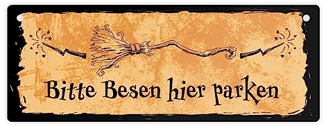 Metallschild L in 10,5x28cm für Hexen mit Besen-Motiv und Spruch - Bitte Besen hier parken