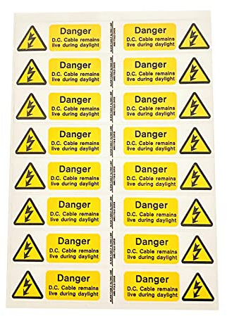 iSigns DC Cable Live Warning Labels - Pack of 32 Self-Adhesive Electrical Labels, 150x25mm, Over-Laminated, British HSE Standards Approved