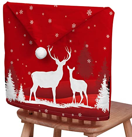 Chickwin Stuhlhussen Weihnachten 2/4/6/8er Set, Schneeflocke Weihnachts Stuhl-Rückenabdeckung Rot Weihnachtsstuhlbezüge Stuhl Bezüge für Weihnachten Deko, Zuhause, Küche (6 er Set,Rentier)