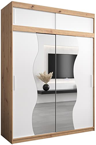 KRYSPOL Schwebetürenschrank Madryt 180 cm mit Spiegel Kleiderschrank mit Kleiderstange und Einlegeboden Schlafzimmer- Wohnzimmerschrank Schiebetüren (Artisan Eiche + Weiß mit Erweiterung)