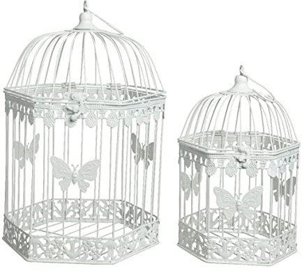 Vogelkäfig Deko 41-48cm 2er Set Metall Dekokäfig Schmetterling Vintage Hochzeit Metallkäfig weiß