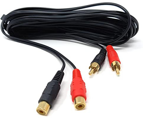DRUT 5m Twin 2 x RCA to RCA Phono Audio Extension Lead Male to Female Cable 16.5ft Black Gold Connectors