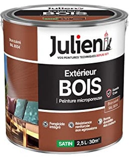 Julien Peinture Bois Microporeux Extérieur Satin - Portes, fenêtres, portails, mobilier de jardin - Brun Cuivre 2,5 L