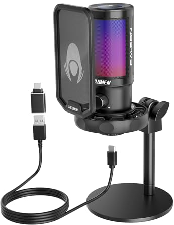 talomen Gaming Microfono para PC PS4 PS5, USB Condensador Micrófono de Cardioide para Ordenador Podcast Streaming Studio, con RGB, Botón de Silencio, Filtro Anti-Pop, Soporte de Choque F8