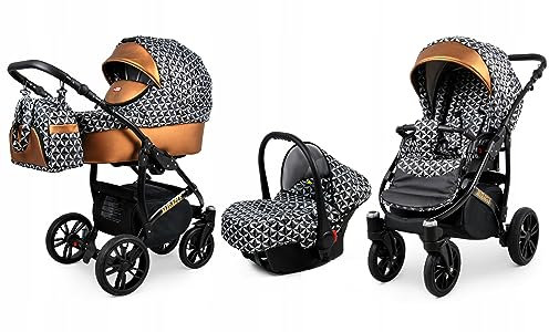 BabyLux® Enfant Poussette Combinée Set 3 en 1 - Miracle - incl. Nacelle, Canne, Siège de voiture - Siège Auto - Landau Bébé - avec Sac à langer, Habillage pluie, Moustiquaire etc.