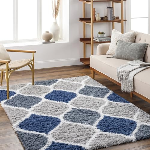 Livabliss Judy Mostar Shaggy Rug, Bedroom – 200x290 cm, Blue, Grey & White