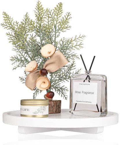 Round Decorative Tray Wood Bathroom Counter Organizer Farmhouse Kitchen Decor Wooden Riser for Soap Dish, Perfume, Candle, Sponge, 10 - White