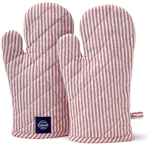 Encasa Homes Long 18x30 cm Oven Microwave Hand Gloves Mitts (2 pc set) for Kitchen Cooking & Baking - Heat Resistant, Thick & Safe, Protection of Hands from Hot Utensils, Grill - Ticking Red