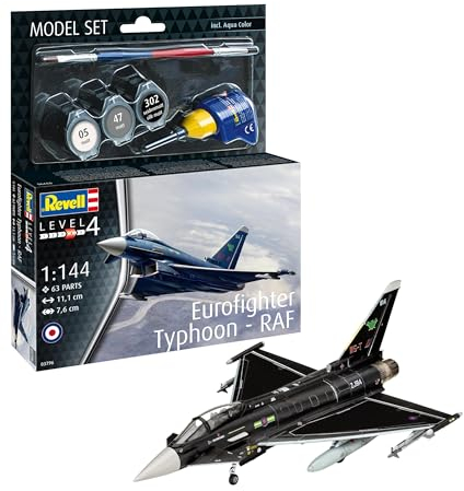 Revell Model Set 63796 Eurofighter Typhoon - RAF 1:144 Scale Unbuilt/Unpainted Plastic Model Kit with Contacta Professional Glue, Paintbrush & Selected Aqua Color Paints