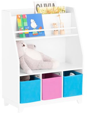SoBuy Kinder Bücherregal Kinderregal mit Ablagefächern und 3 Boxen Spielzeugregal Aufbewahrungsregal für Kinder Spielzeug-Organizer Weiß BHT ca. 63x80x28cm KMB34-F