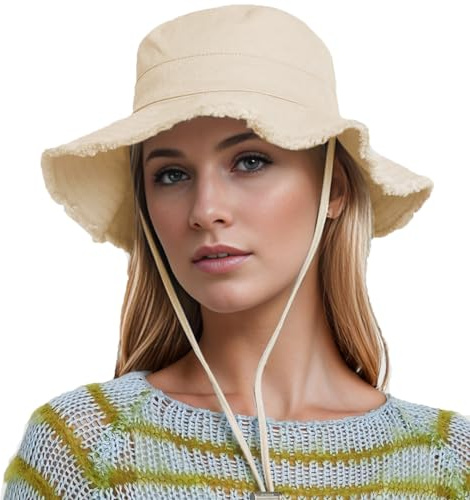YAMEE Fischerhut Damen Baumwolle mit Fransen am Hut Rand,Sonnenhut Herren Fischerhut Unifarben mit Kinnriemen,Unisex Bucket-Sun Hat Sonnenschutz,Anglerhut Damen Packable Hut Sommer Outdoor Aktivitäten