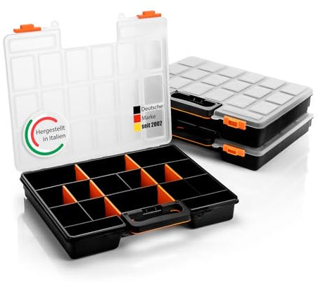 BigDean 3 Stück Sortimentskasten stapelbar 38x33x6cm praktische Sortierbox mit 16 Fächern – Werkzeugkoffer leer Organizer Box Sortierkasten - Sortierboxen für Kleinteile - Made in Italy
