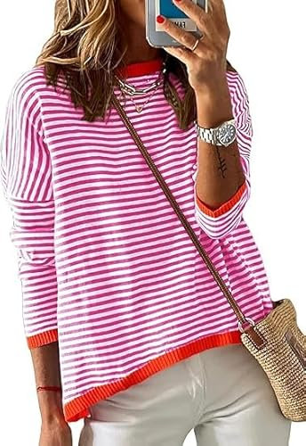 Cuptacc Long Sleeve Tops Women Striped Sweatshirt Casual Women Jumpers Stylish Long Sleeve Tshirt Pink L 16-18