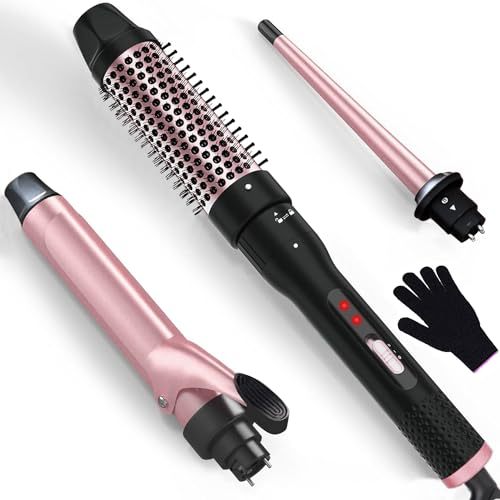 Lockenstab Set mit Thermobürste Keramik Lockenstäbe & Beheizte Rundbürste mit Verschiedenen Aufsätzen, 9-38mm Große und Kleine Locken, 30S schnelles Aufheizen