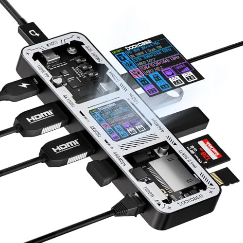 DOCKCASE Smart USB C Hub 10 in 1, Dual 4K@60Hz Display Laptop Dock, PD 3.0 100w, RJ45 Ethernet, 2 3.2 10Gbps, 2 USB 2.0, UHS-II SD/TF Card Reader (Dual HDMI Black)