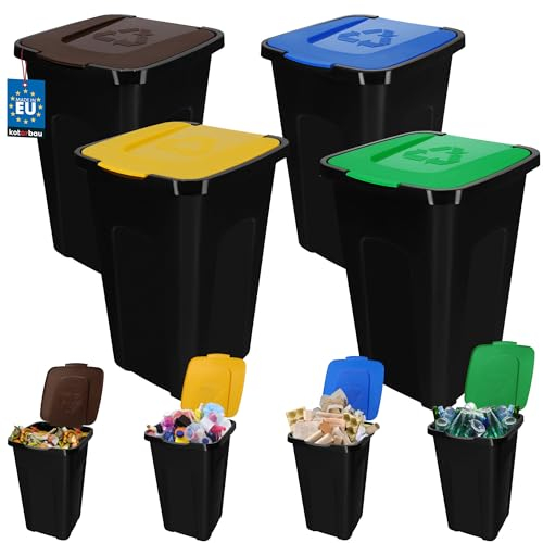 KOTARBAU® Müllbehälter mit Deckel 4er Set Gelb Blau Grün Braun Mülltrennungssystem Haushalt Mülltonne 50l mit Deckel Mülltrennsystem Abstellraum Abfalltonne mit Deckel Werkstatt Mülleimer 50 Liter