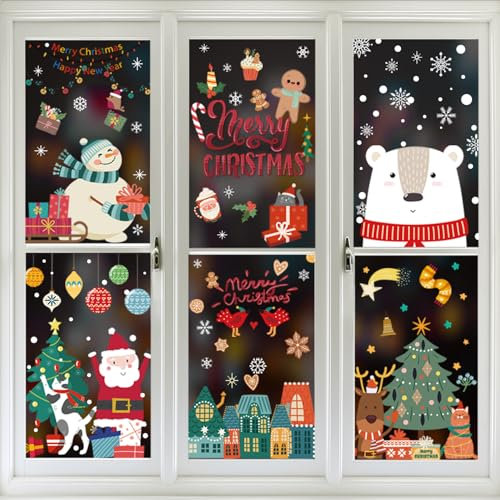 LIHELEI 205 Pièces Images de Fenêtre de Noël, Décorations Aquarelle, Autocollants de Flocon de Neige Réutilisables, Décorations de Noël