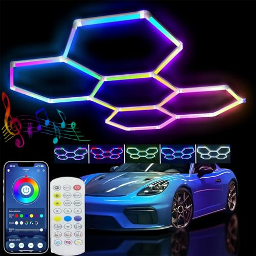 Fohatu RGB Lampes De Garage À LED Hexagonales Lumiere Hexagone Garage,Lampe Hexagone LED Garage pour Garage,sous-Sol,entrepôt,Salon De Beauté Automobile,Atelier D'esthétique Automobile,RGB,5 grilles