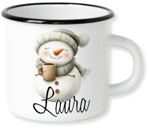 GRAZDesign Weihnachtstasse Schneemann Kindertasse mit Namen personalisiert Emaille Bruchsicher für Kinder 250ml