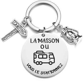 PiercingJak Porte Clef Dog Tag Grave Motif Camping Car pour Homme Femme Porte-clés Camping Gravure La Maison ou Vous La Stationnez en Acier Inoxydable Cadeau Campeur Voyageurs Amis