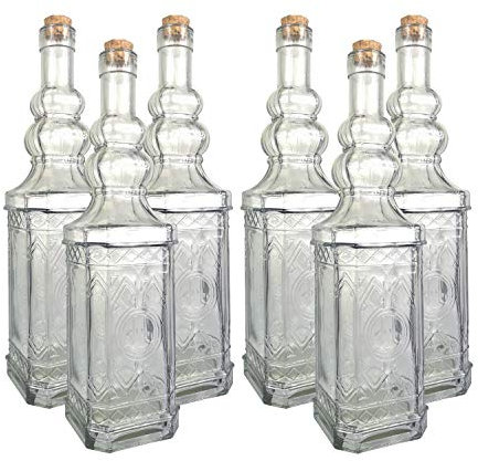 Lucenté 800ml Traditional Vintage Style Square Clear Glass Decanting Storage Bottles with Cork Stopper - Set of 6