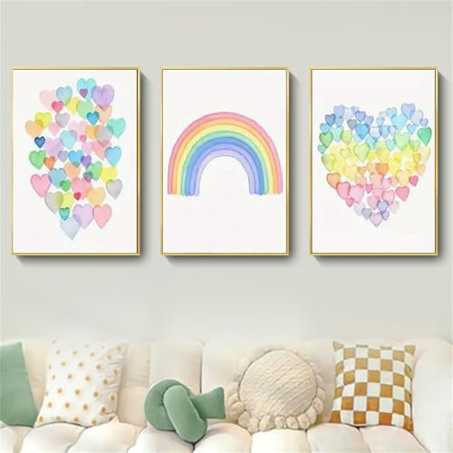 AQCQDQ 3er Set Bunte Poster Kinderzimmer, Regenbogen Liebe Aquarell Wandbilder Wohnzimmer Schlafzimmer, Wandcollagen Aesthetic Deko Poster Set, Abstrakt Leinwand Bilder, Ohne Rahmen (30x40 cm)