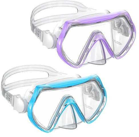 Jwintee Kids Swim Goggles, Swimming Snorkel Diving Mask with Nose Cover for Youth 6-14 Tempered-Glass 180°Panoramic View Anti-Fog 2 Pack