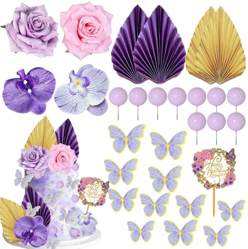 SDIDVIEXPERT 29 PCS Rose Artificial Flower Leaves Cake Decorations Paper Palm Fan Cake Toppers Ball Cake Decorations for DIY Wedding Birthday Party Baby Shower Valentine's Day(Purple)