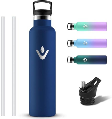 Grsta Botella Agua Acero Inoxidable, Botella Termica 1 litro con Pajita y Filtro, A Prueba de Fugas Cantimplora Termica con 2 Tapones, Reutilizable Termo sin BPA para Exterior, Hogar, Cámping