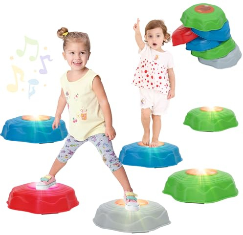 Balanciersteine für Kinder mit Licht und Musik, 6PCS, Stapelsteine Balance Steine Set, Rutschfest und Stapelbar, Motorikspielzeug Gleichgewichtstrainer Sensorisches Spielzeug für Kinder