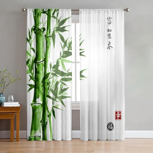 Odot Voile Gardinen Wohnzimmer, 3D Bambusblatt Muster Halbtransparente Vorhänge mit Stangentaschen 2 er Set Gardinenvorhang Fensterschal Moderne Vorhänge Fenster (Grün Bambus,W140 H160cm)