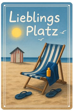 AstraDesign Blechschild „Lieblingsplatz – Sonnenschein & Meerblick“ – maritimes Metallschild 20x30 cm – UV-beständig – Strandkorb-Deko für Garten, Balkon oder Badezimmer