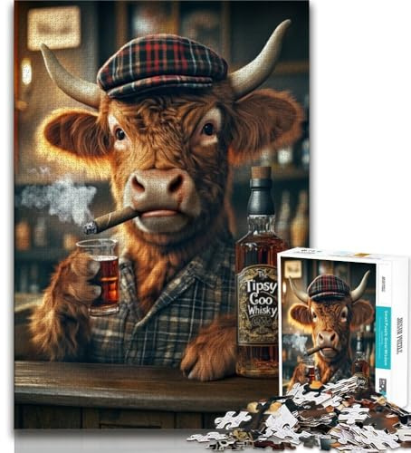 Puzzle für Erwachsene 1000 Teile schwieriges Highland Cow Whisky & Cigar Puzzle für Erwachsene pädagogisches Familienspiel geeignet für die Schreibtischdekoration 38x26cm