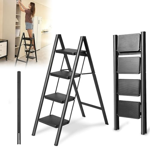 Leiter 4 Stufen Klappbar, Leiter aus Stahl mit breitem Anti-Rutsch-Pedalen, 150KG Tragkraft, Tragbar Trittleiter Klapptritt, Stehleiter, Für Haushalt, Büro, Garage, Speisekammer