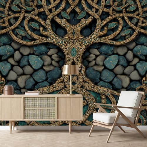 Mythos Baum Fototapete 3D Effekt, Wikinger Totem Panorama Poster Tapete, Rustikal Stein VliesTapete 200x140 cm Wandtapete Wanddeko Wand Wohnzimmer Schlafzimmer Wohnung Wandbilder