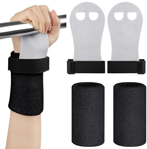 DiULi 2 Paires Gants de Gym + 2 Paires Poignets de Sport, Maniques Gymnastique Enfant avec Bracelets, Protection Paumes Anti-Ampoules, Cuir Vachette, pour Barre, Traction, Crossfit, Yoga, Noir-M