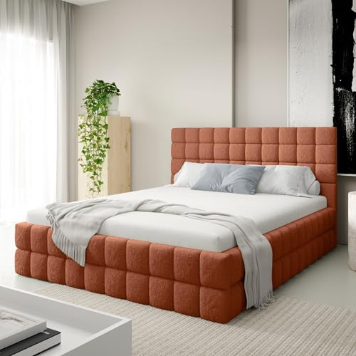 Home Collective Polsterbett Bett Doppelbett mit Bettkasten inklusive Lattenrost 140x200 160x200 180x200 gesteppt & weich gepolstert modernes Design Schlafzimmer Möbel | Orange 160x200 cm